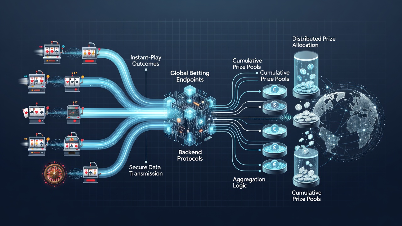 Network diagram showing API gateways connecting regional betting servers to a shared global prize pool ledger