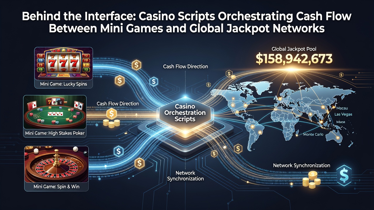 Casino interface scripts managing data flow between mini-games and jackpot networks