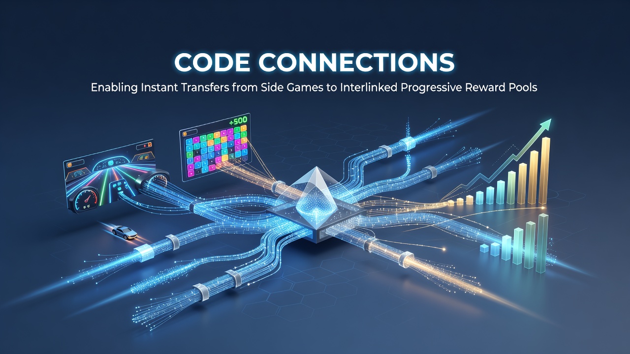 Technical diagram showing data flow from side games to progressive reward pools via code connections