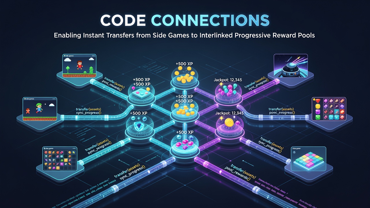 Illustration of server infrastructure handling real-time transfers between gaming modules and reward networks