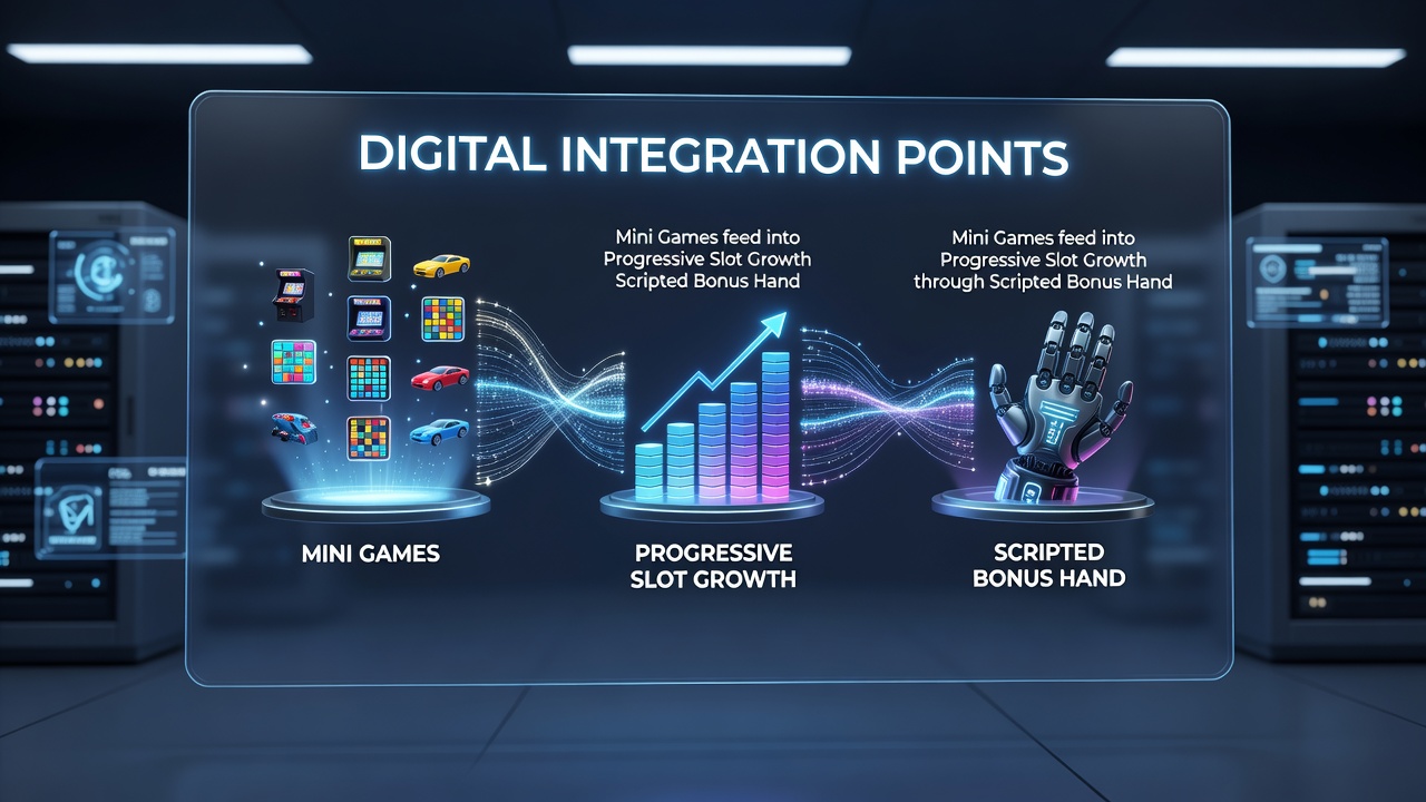Network cash flow diagrams illustrating bonus handler scripts connecting mini-games to slot progressives