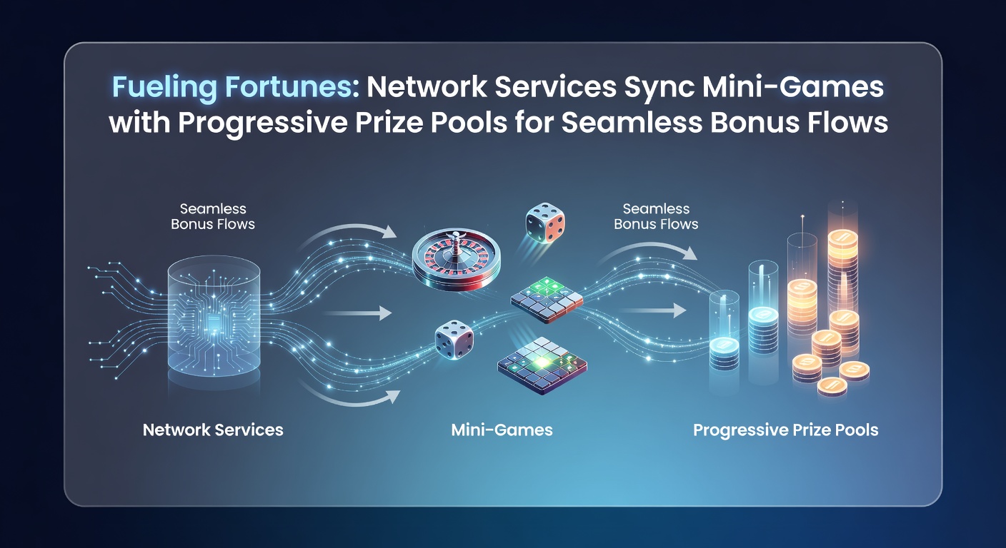 Digital network diagram showing mini-games linking to expanding progressive jackpot pools in a casino interface