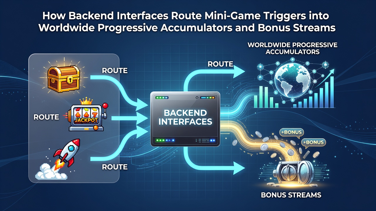 Illustration of backend interface architecture connecting mini-game triggers to global progressive accumulators and bonus distribution networks