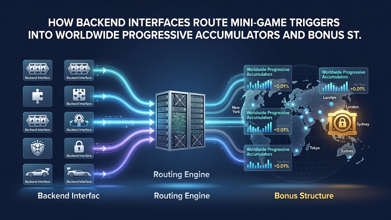 Diagram showing data flow from mini-game triggers through backend routers into progressive pools and bonus credit systems