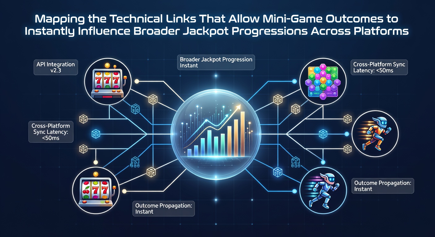 Technical diagram showing data pathways from mini-games to centralized jackpot systems across multiple casino platforms