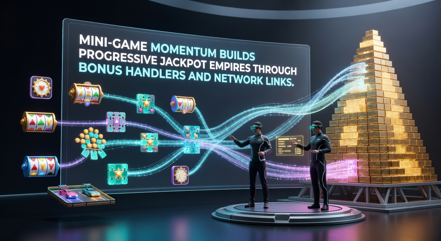 Vibrant slot machine screens displaying mini-game bonuses and rising progressive jackpot meters connected across a digital network