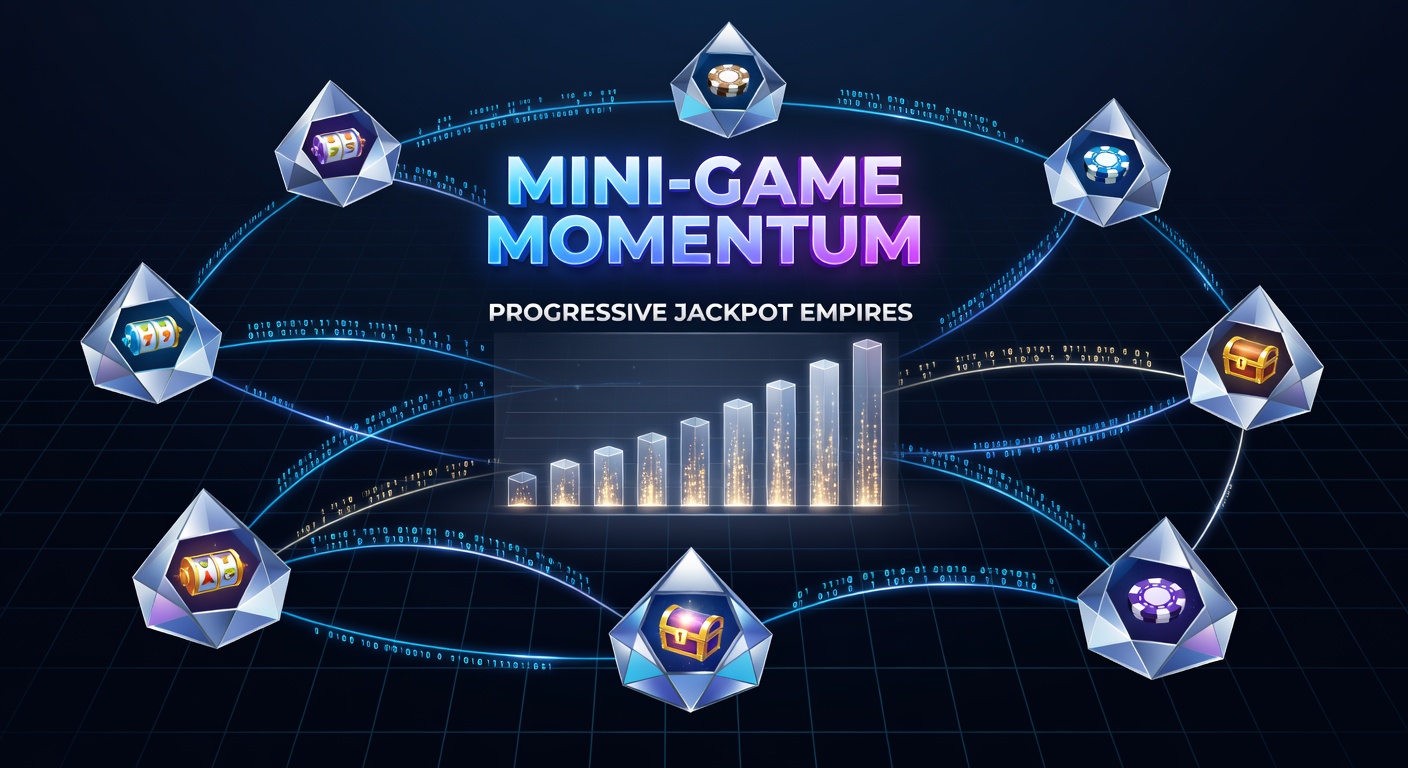 Digital visualization of interconnected casino networks with mini-game icons pulsing energy into a central progressive jackpot orb
