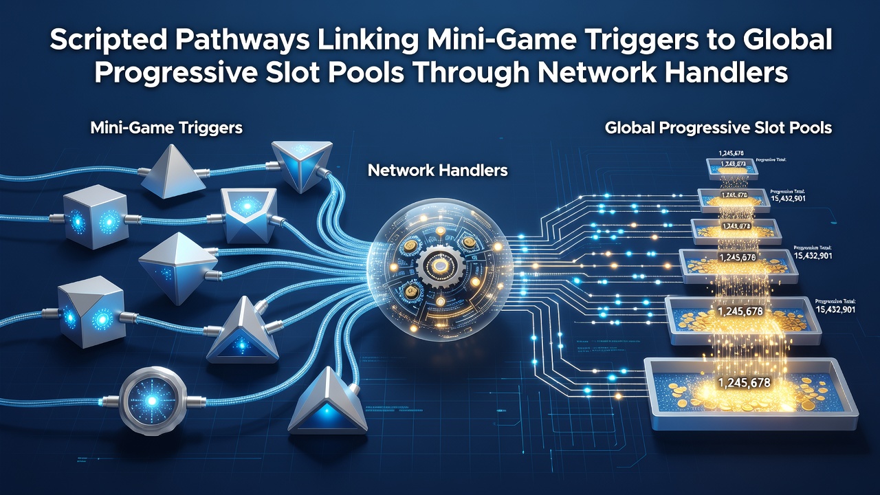 Diagram showing scripted pathways from mini-game triggers through network handlers to global progressive slot pools