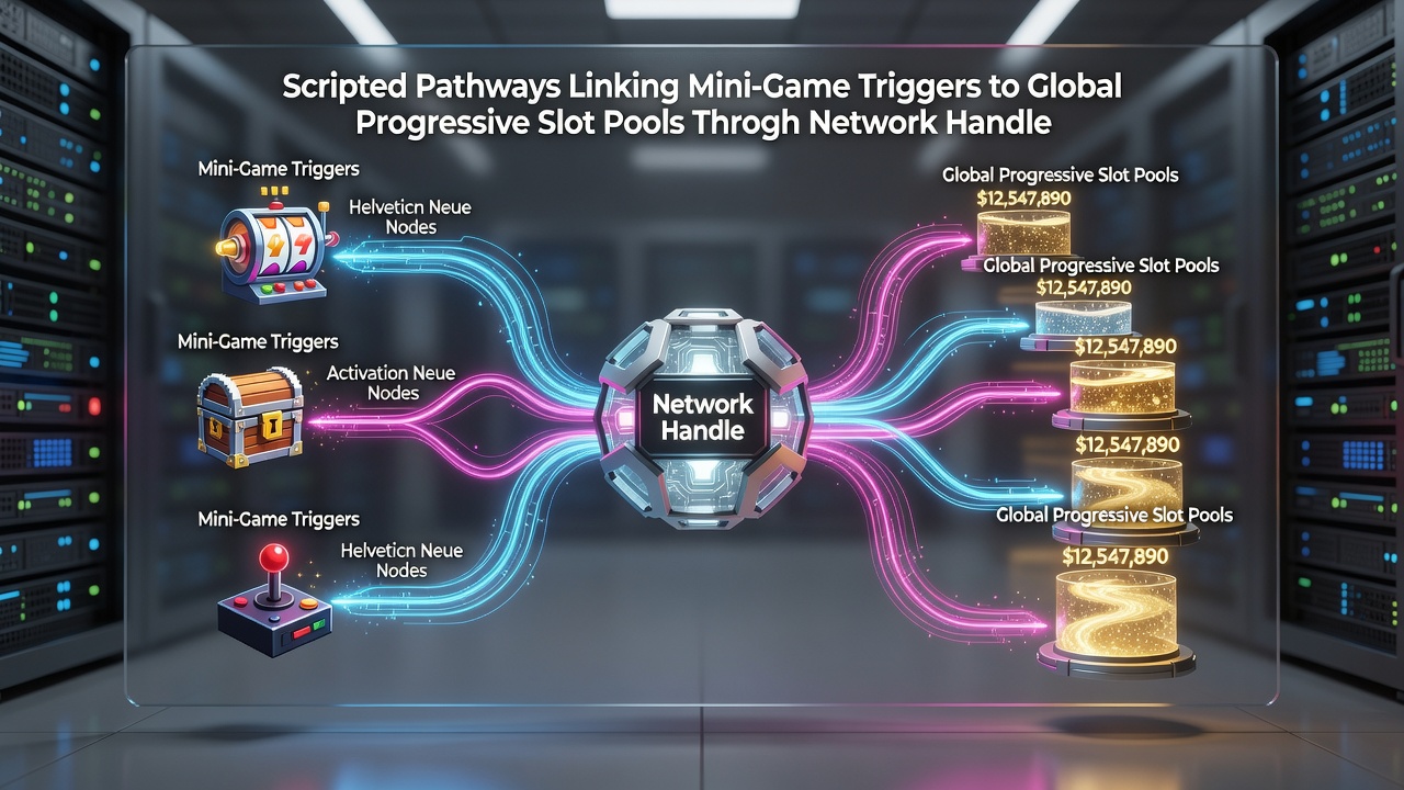 Illustration of network handlers routing mini-game data into international progressive jackpot pools