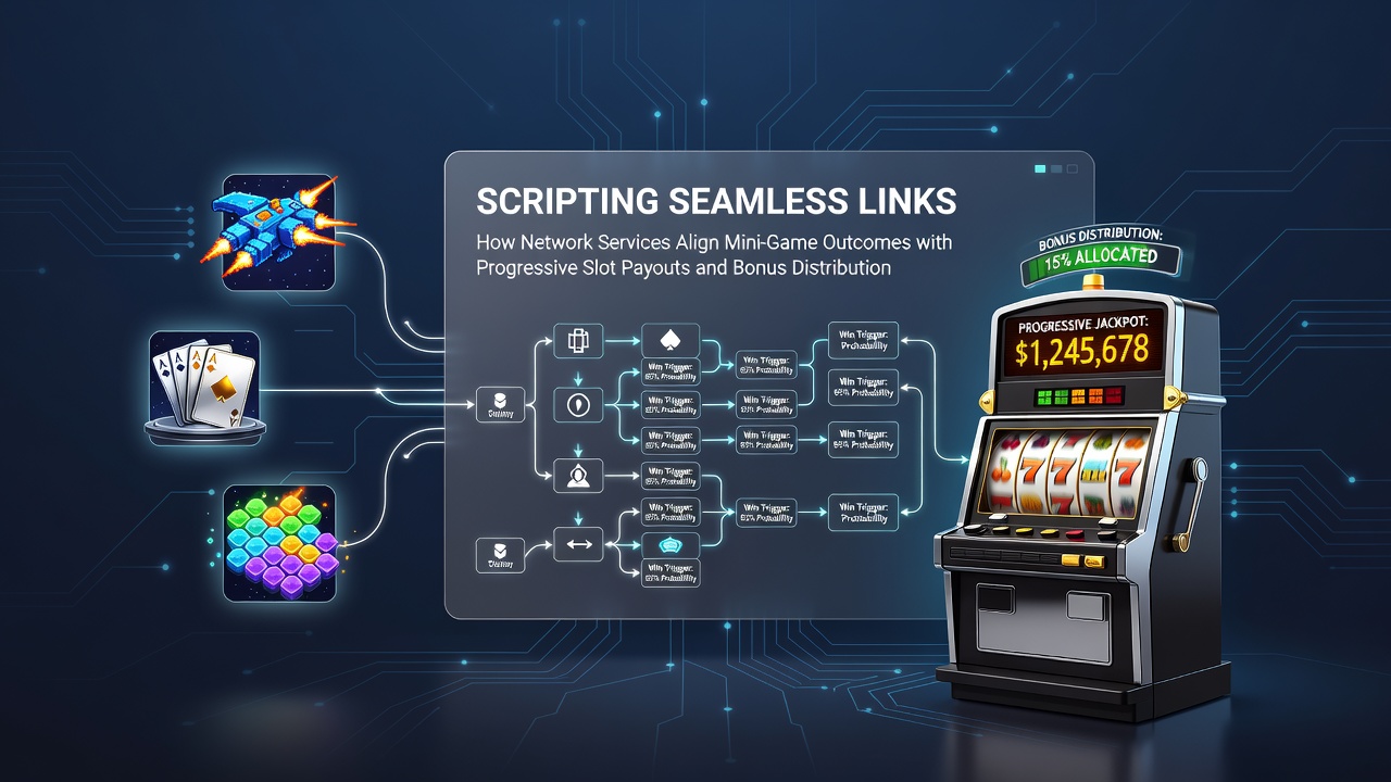 Network services diagram showing data flow between mini-games and progressive jackpot systems