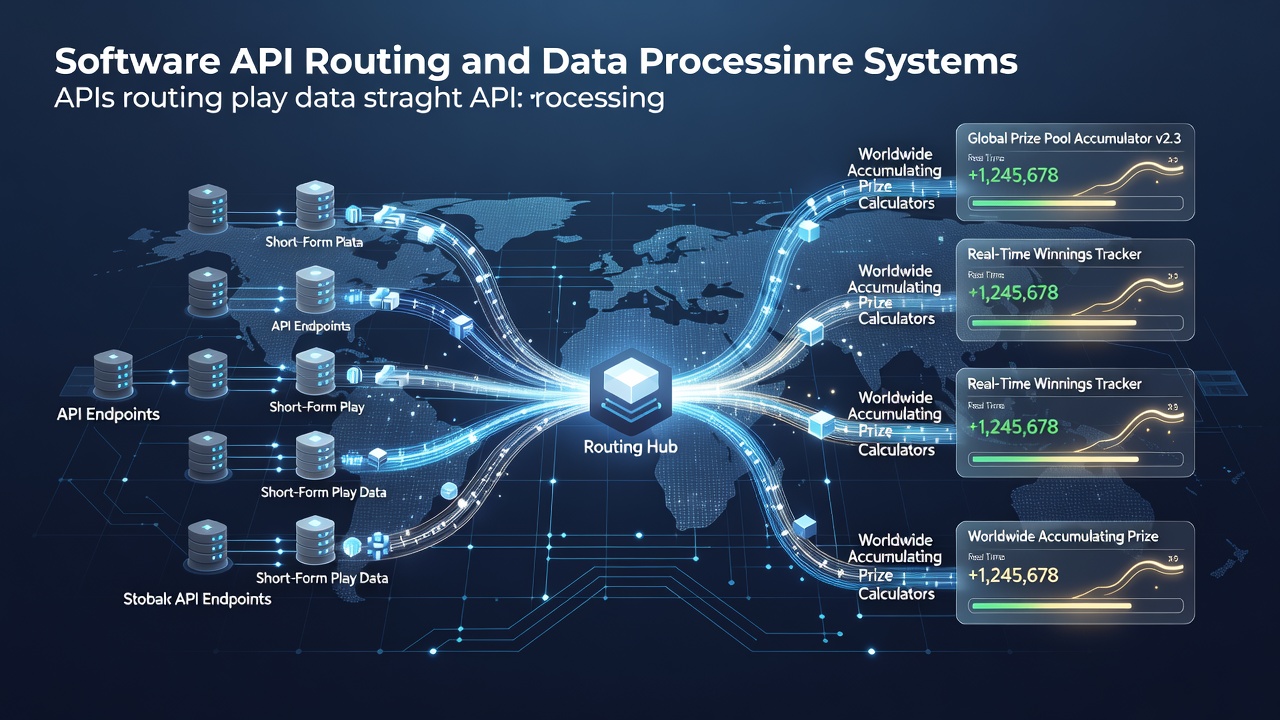 Software interface showing API data routing from short play sessions into accumulating prize calculators across global networks