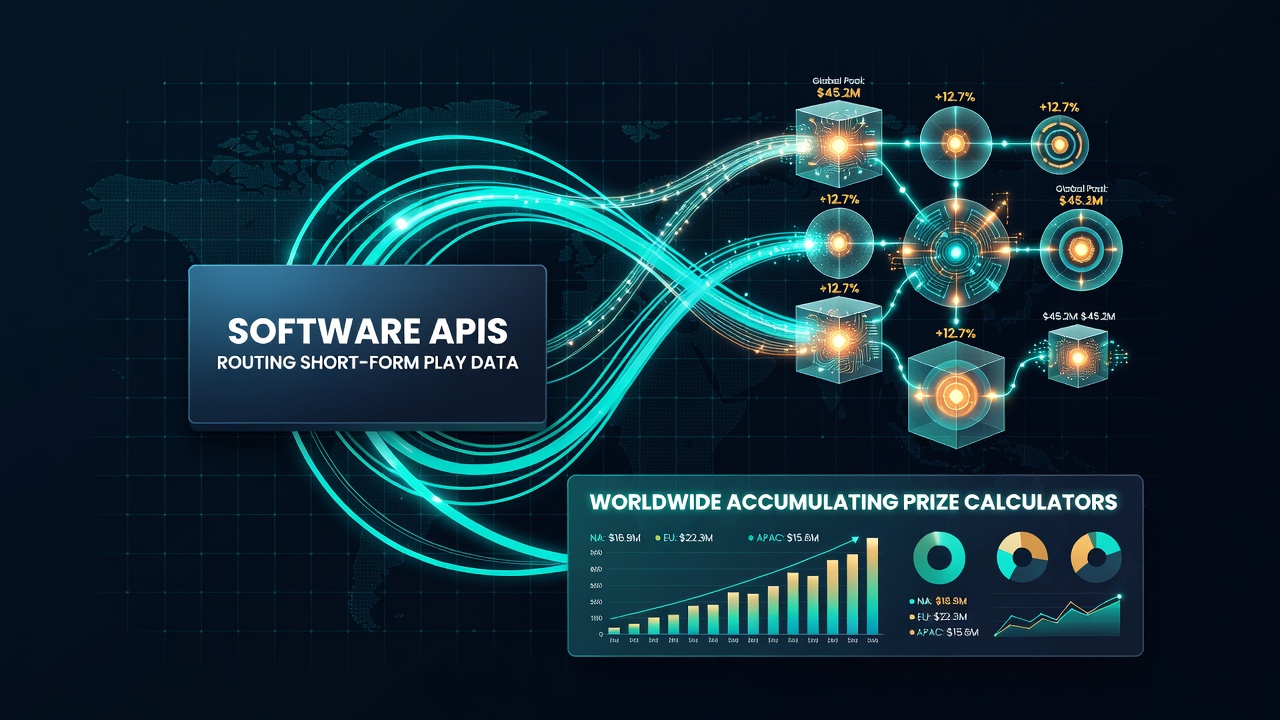 Global network diagram illustrating API connections between short-form games and worldwide prize accumulation systems